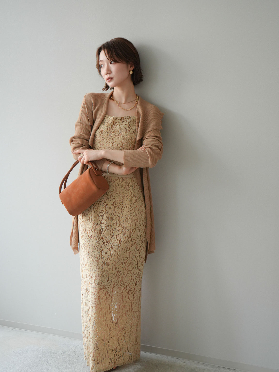 【預購】垂褶羅紋針織長裙 / 米色
