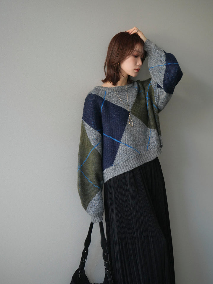 [予約]配色ステッチアーガイル柄ニットプルオーバー/gray