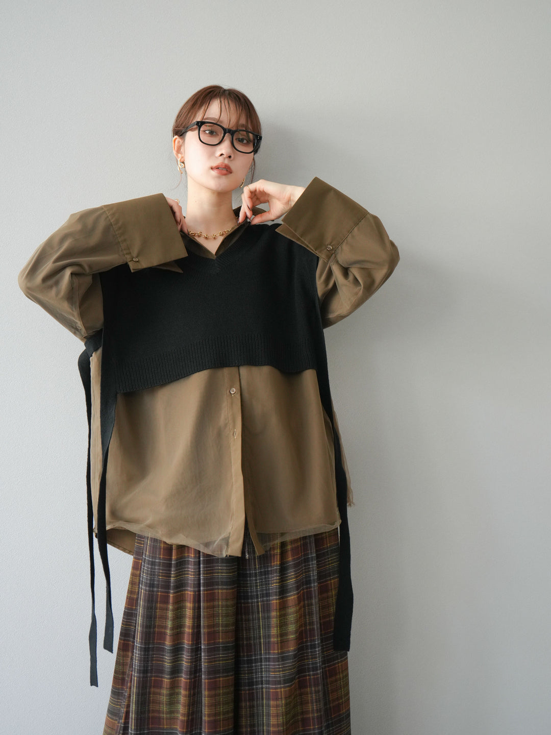 [予約]サイドリボンVネックショートニットベスト/ブラック