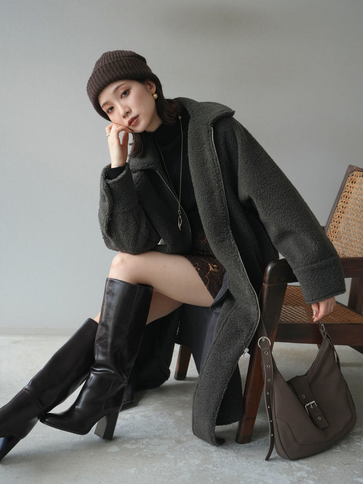 [予約]ボアxムートンロングコート/charcoal