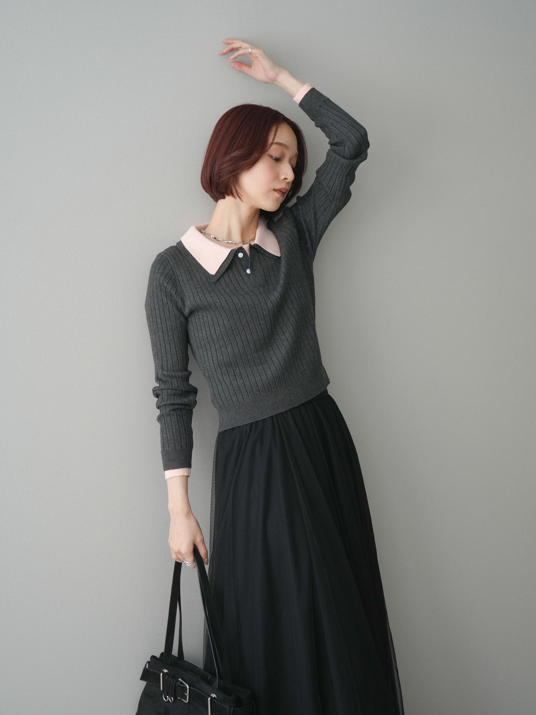[SET]ダブル襟ポロリブニットトップス+チュールボリュームスカート(2set)
