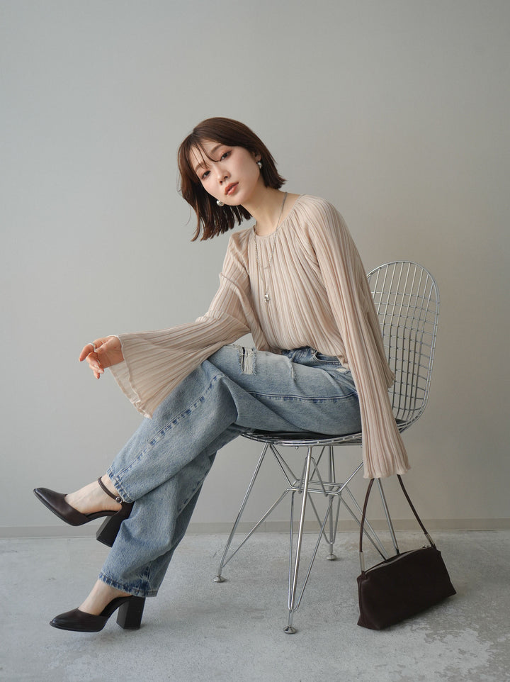 [予約]プリーツシアーフレアスリーブニットトップス/beige