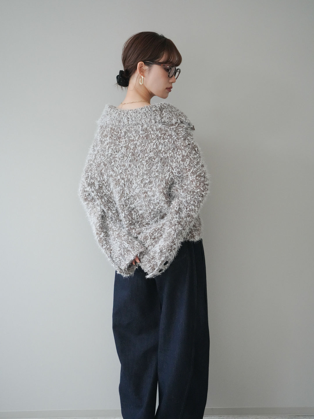 [予約]ミックスシャギージップニットカーディガン/brown