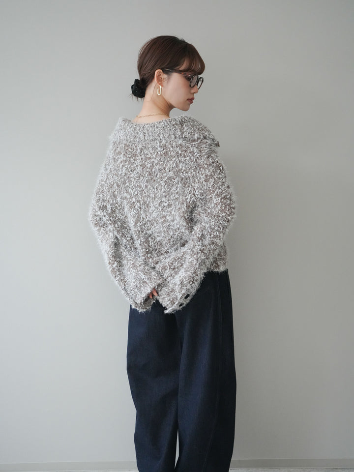 [予約]ミックスシャギージップニットカーディガン/brown