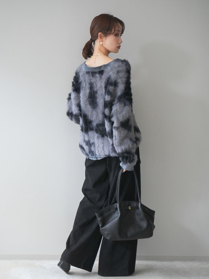 [SET]ニュアンス柄シャギーニットカーディガン+コーデュロイ巻きベルト付きパンツ(2set)