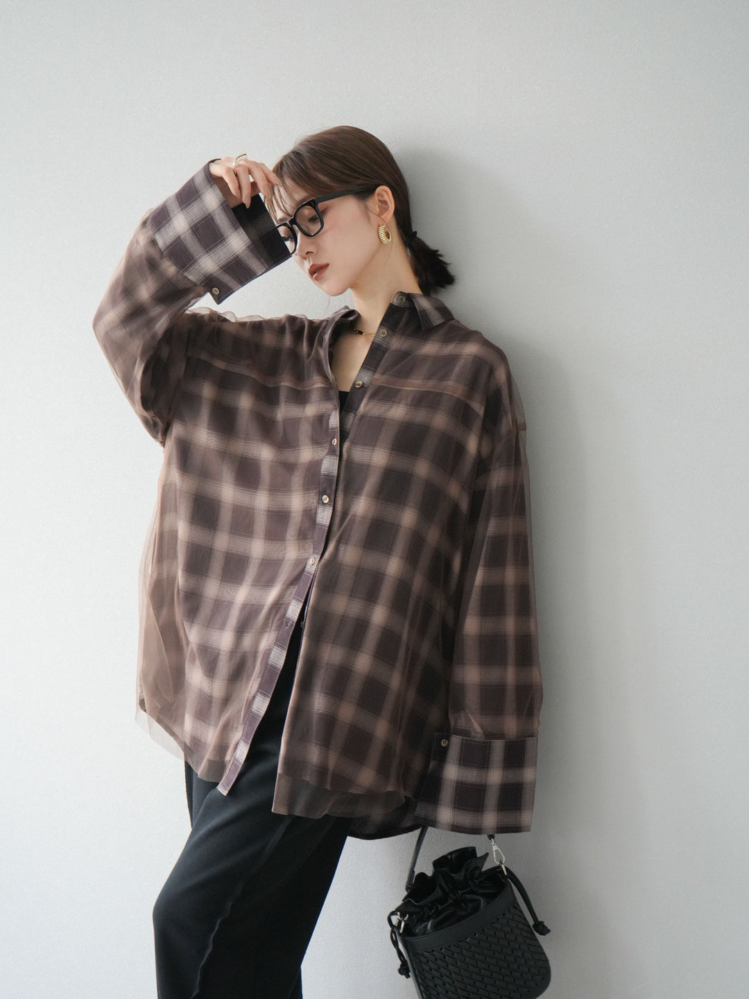 [予約]チュールドッキングチェック柄オーバーサイズシャツ/ブラウン
