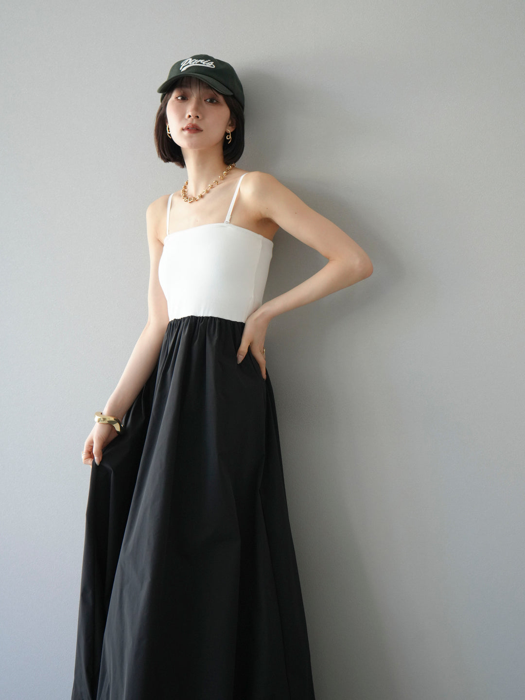 [予約]異素材ドッキングカップ付ベアキャミバルーンワンピース/オフブラック