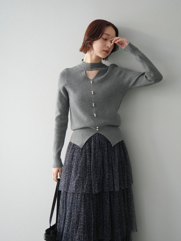 [予約]チョーカーデザインボタンリブニットトップス/gray