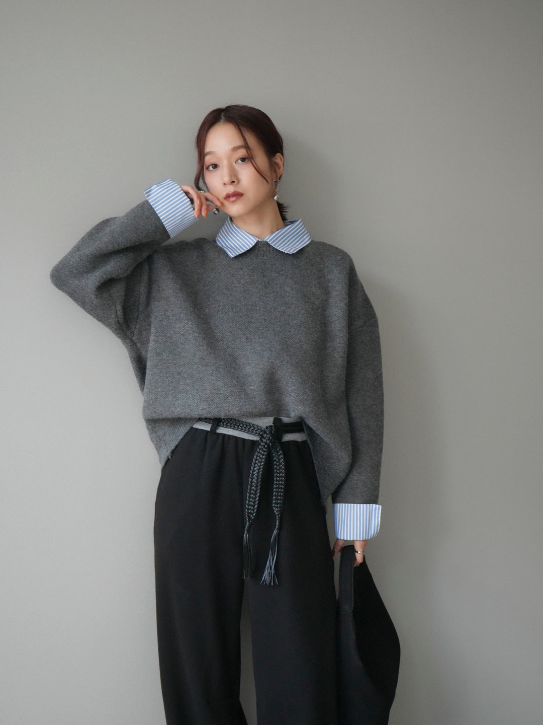 [SET]2WAYストライプ襟ニットプルオーバー+選べるアクセセット(2set)