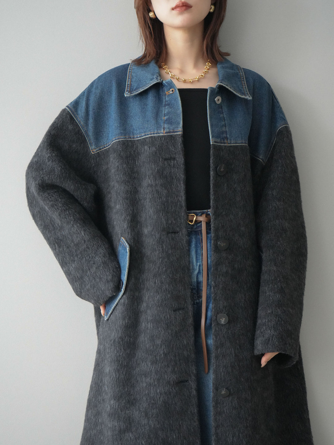 [予約]デニム切替シャギーステンカラーコート/charcoal