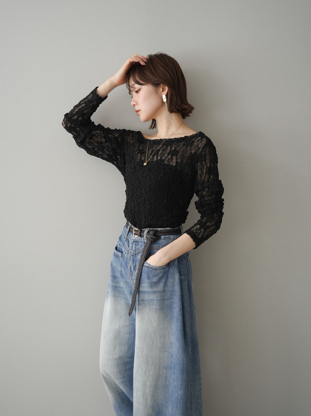 [SET]サイドギャザーレーストップス+フロントポケットサイドタックワイドデニム(2set)