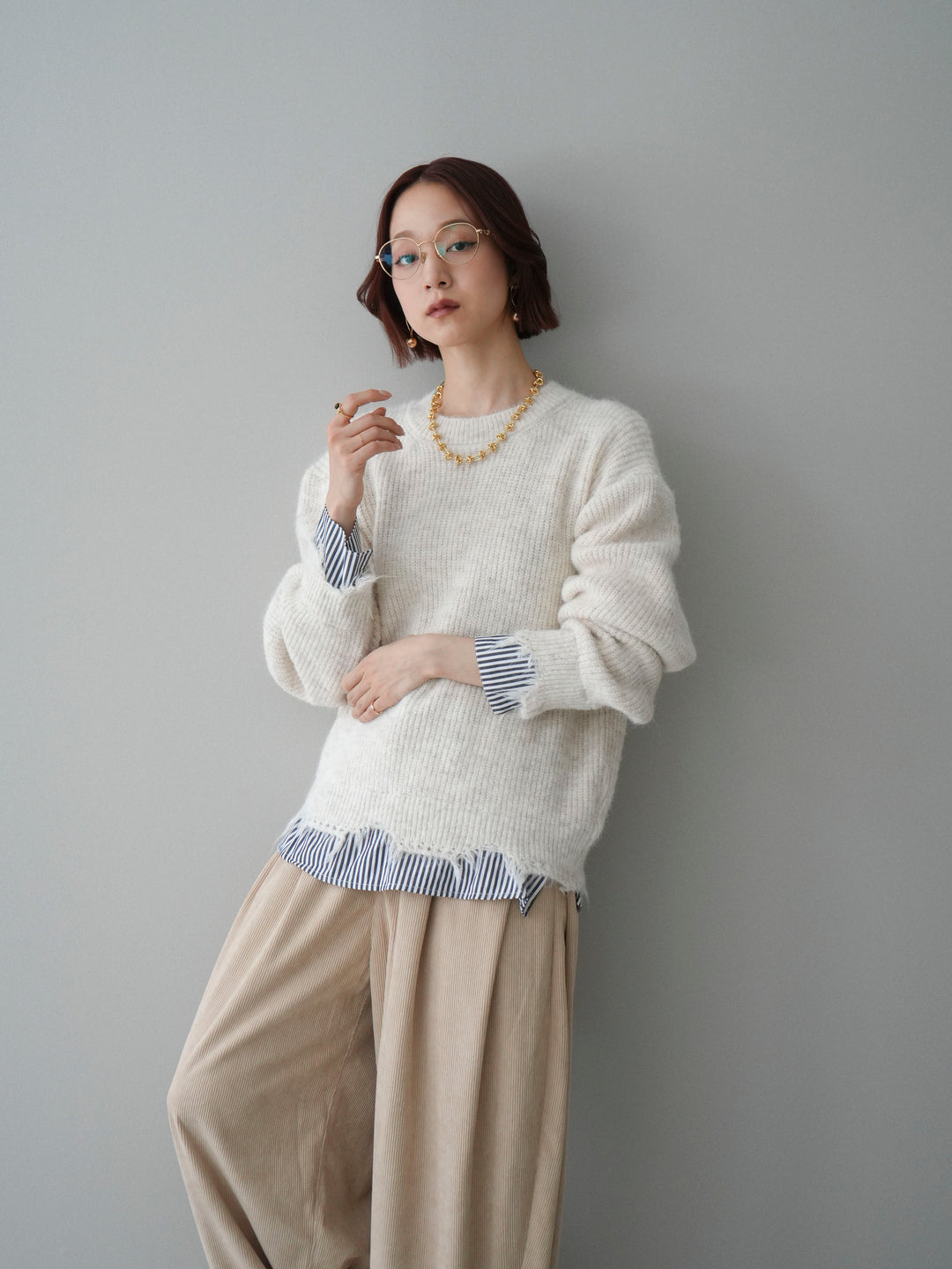 [SET]裾シャツレイヤードダメージニットプルオーバー+コーデュロイサイドタックコクーンパンツ(2set)