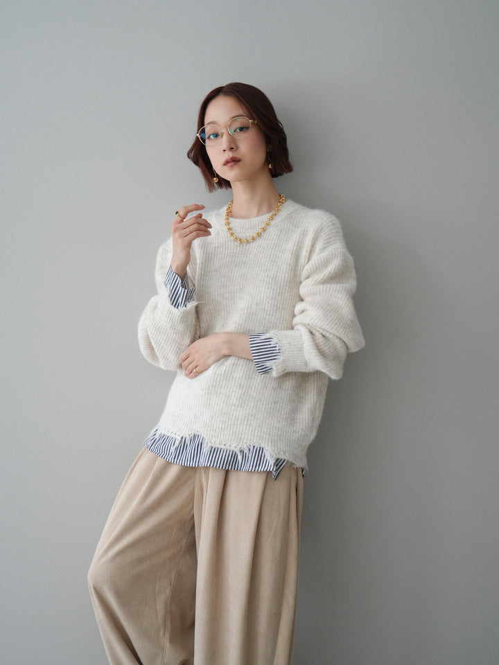 [SET]裾シャツレイヤードダメージニットプルオーバー+コーデュロイサイドタックコクーンパンツ(2set)