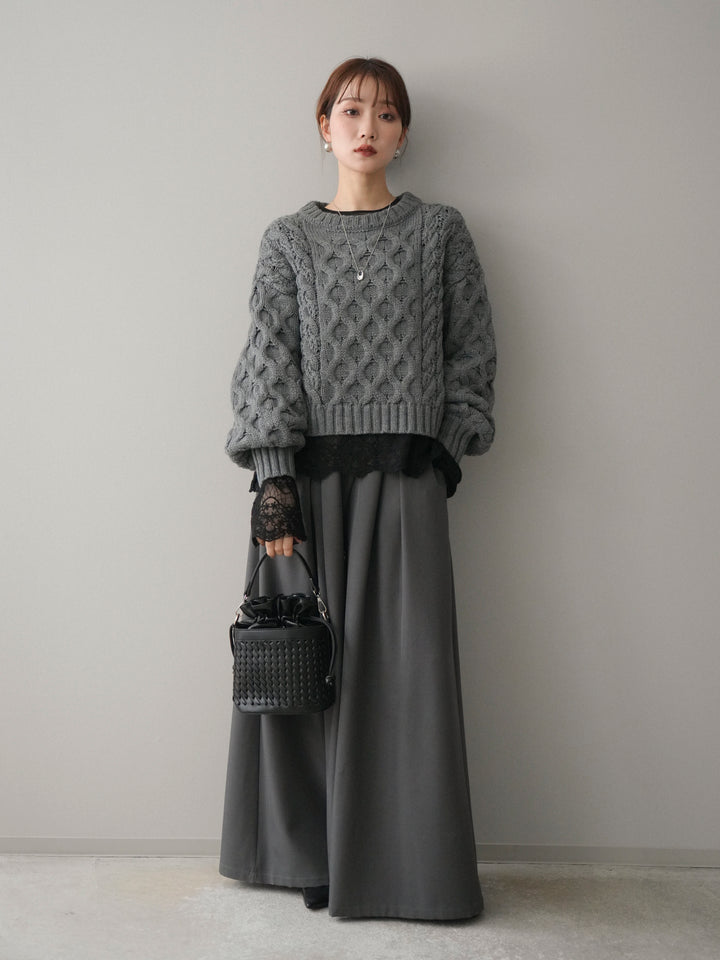 [SET]バルキーケーブルクロップドニットプルオーバー+テープベルトタックバギーパンツ(2set)