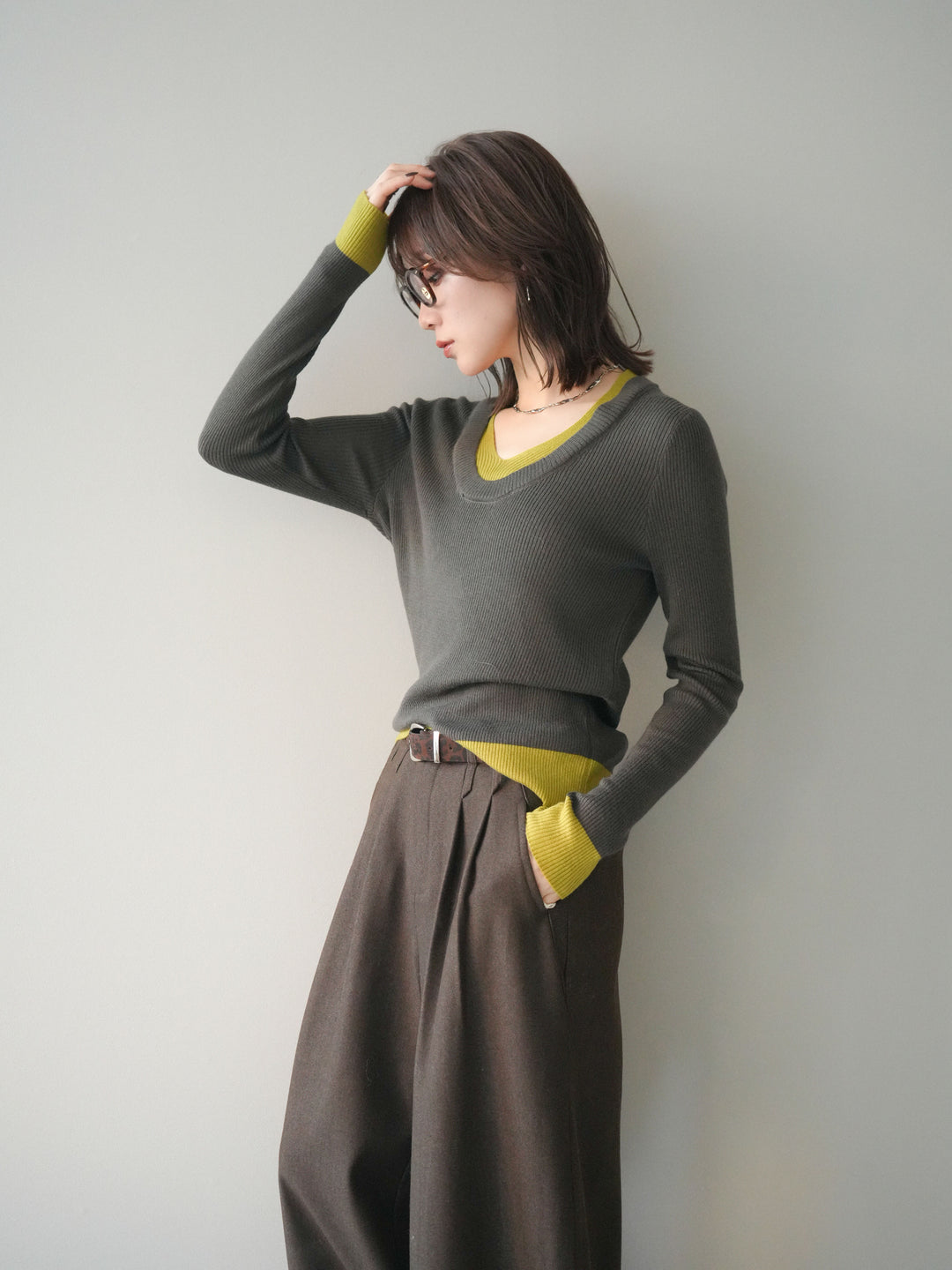 [SET]Uネック配色レイヤードリブニットトップス+Uネック配色レイヤードリブニットトップス(2set)