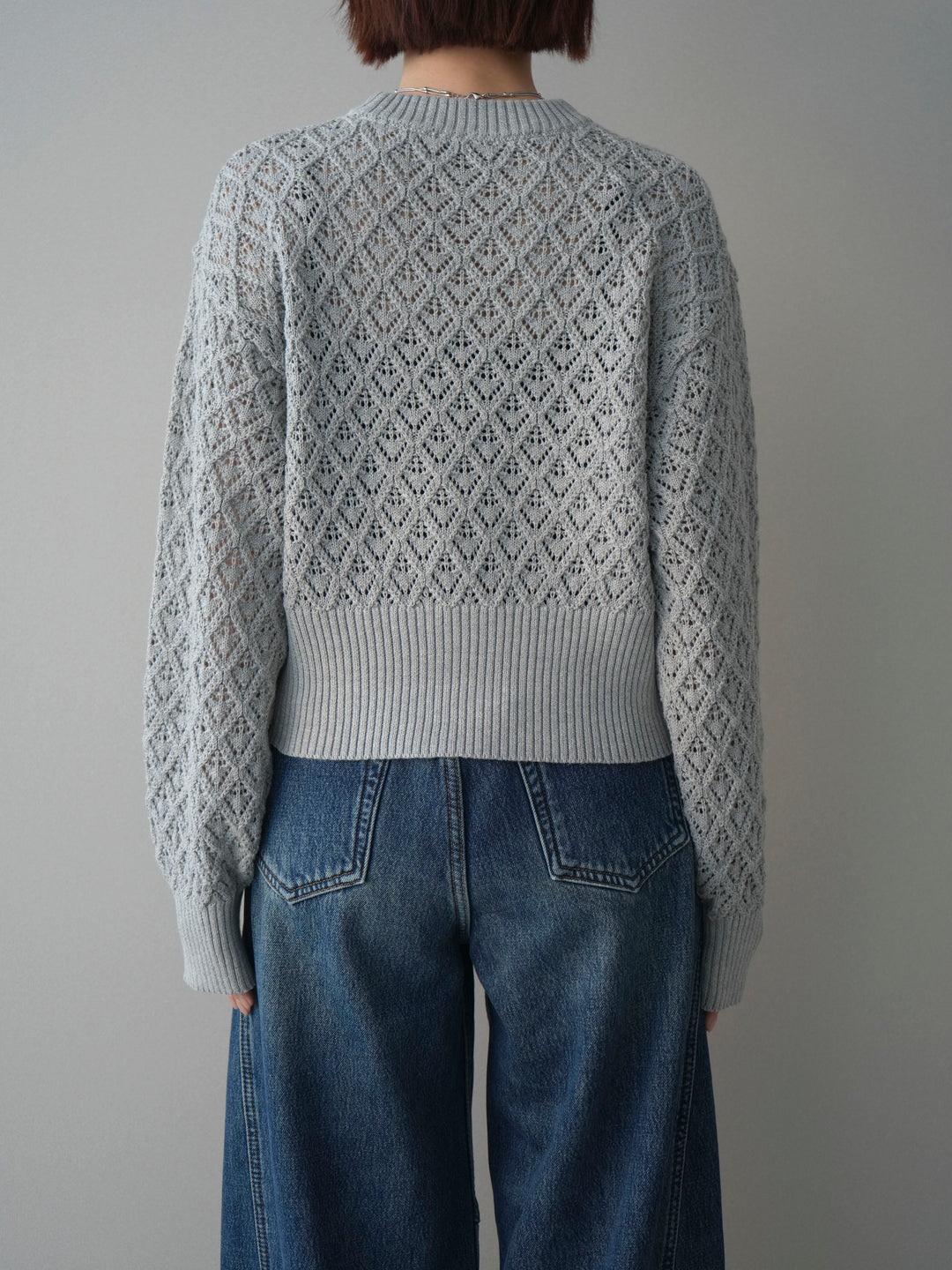 [予約]透かし編みフロントジップスリットニットプルオーバー/gray