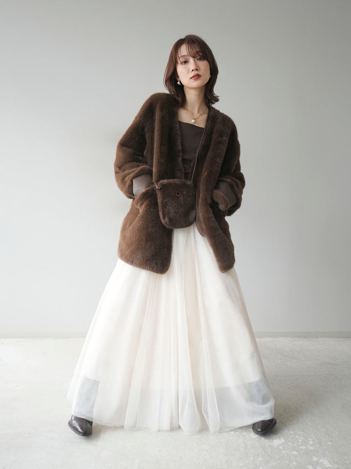 [SET]バッグ付エコファーノーカラーコート+チュールボリュームスカート(2set)