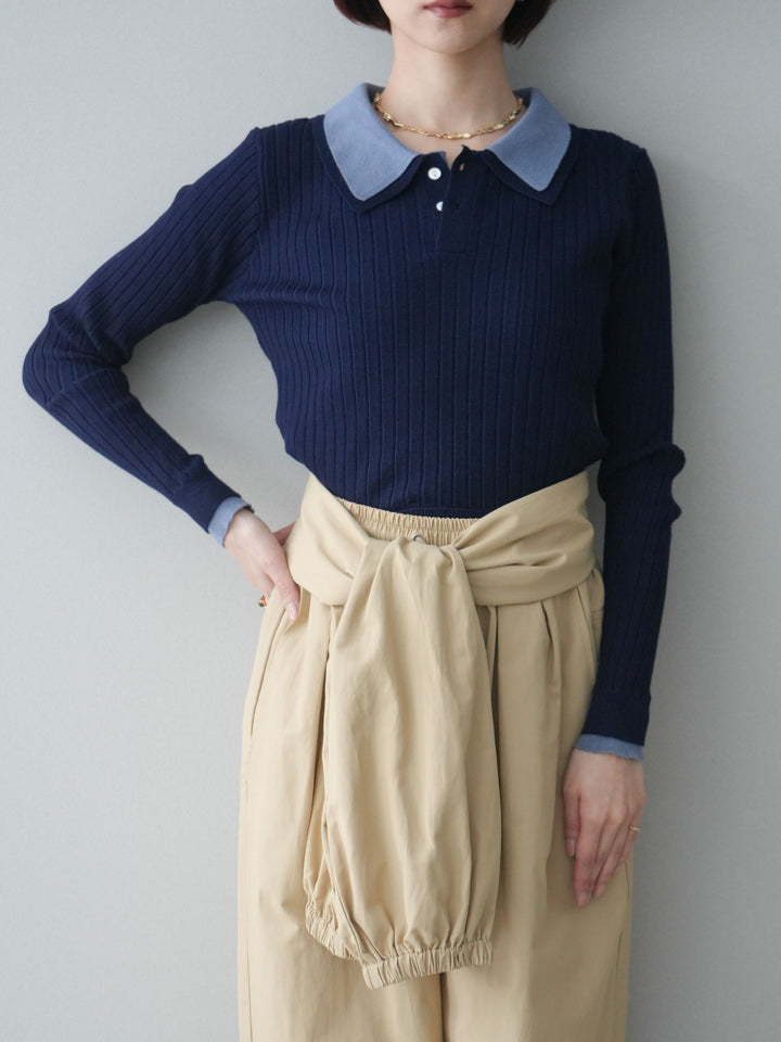 [予約]ダブル襟ポロリブニットトップス/navy