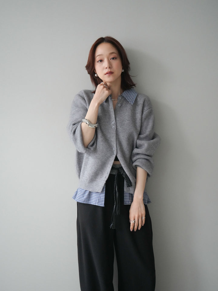 [SET]チェックシャツ襟ニットカーディガン+編み込みベルト付きウエスト配色スエットパンツ(2set)