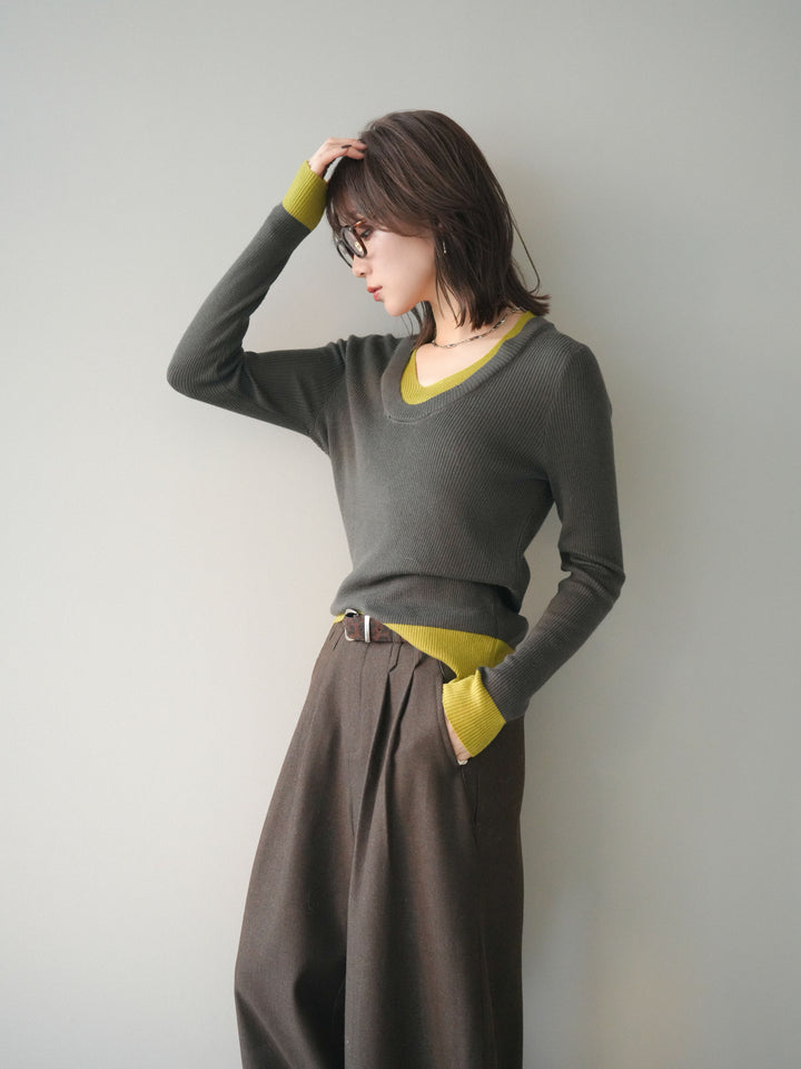 [SET]Uネック配色レイヤードリブニットトップス+アニマル柄ベルト付きウールタッチワイドパンツ(2set)