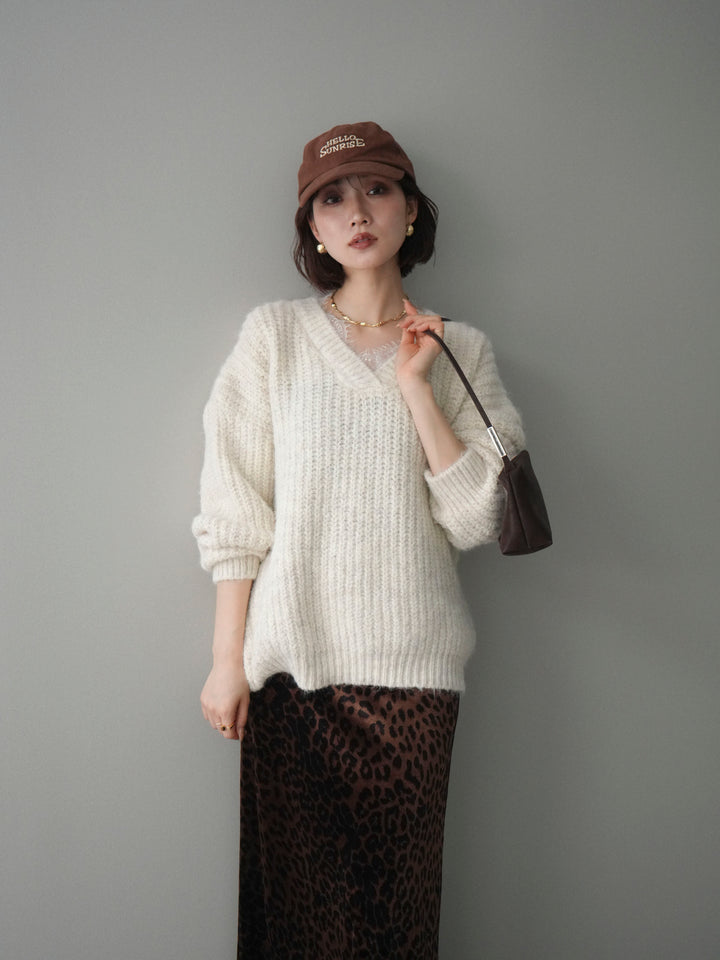 [SET]Vネックレースニットプルオーバー+レオパードベロアナロースカート(2set)