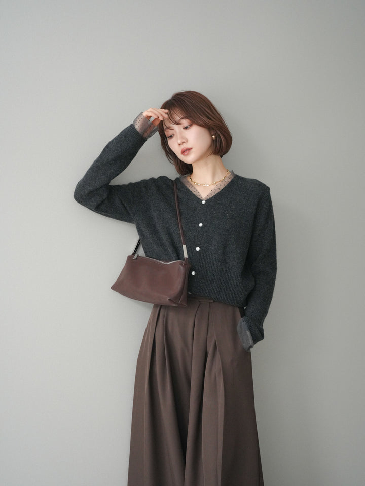 [SET]ドットチュールレイヤードボタンニットトップス+テープベルトタックバギーパンツ(2set)