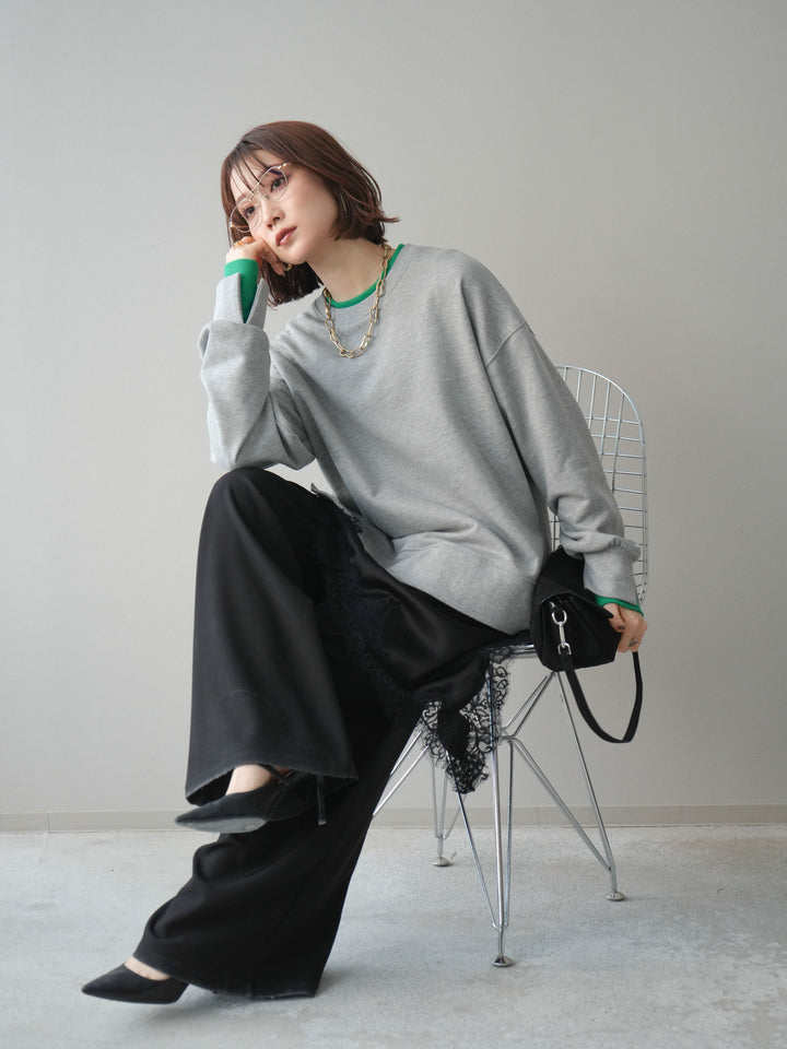 [SET]配色レイヤードデザインスエットプルオーバー+アシンメトリーサテンレースキャミソール(2set)