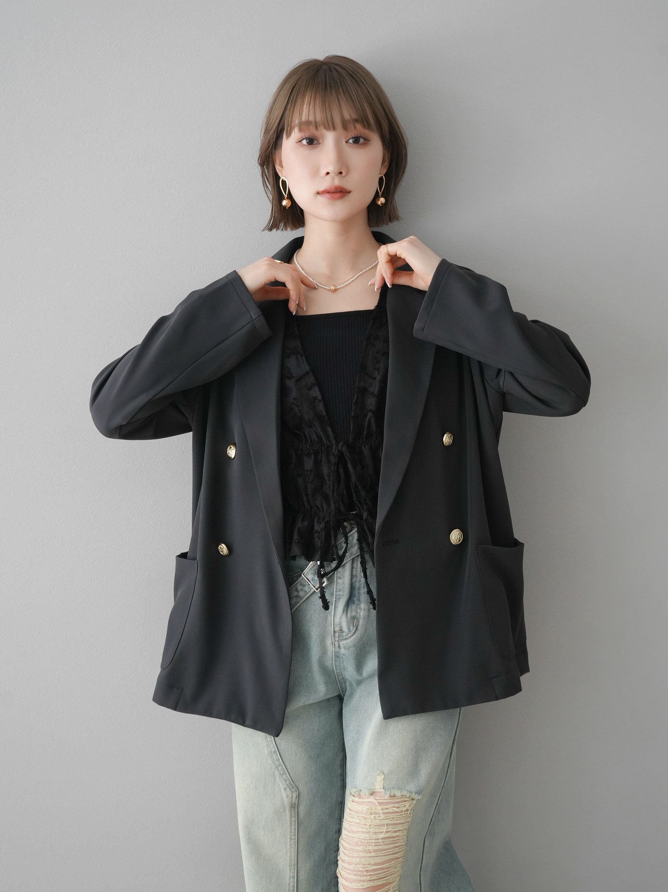 予約]ゴールドボタンダブルテーラードジャケット/チャコール – Lumier