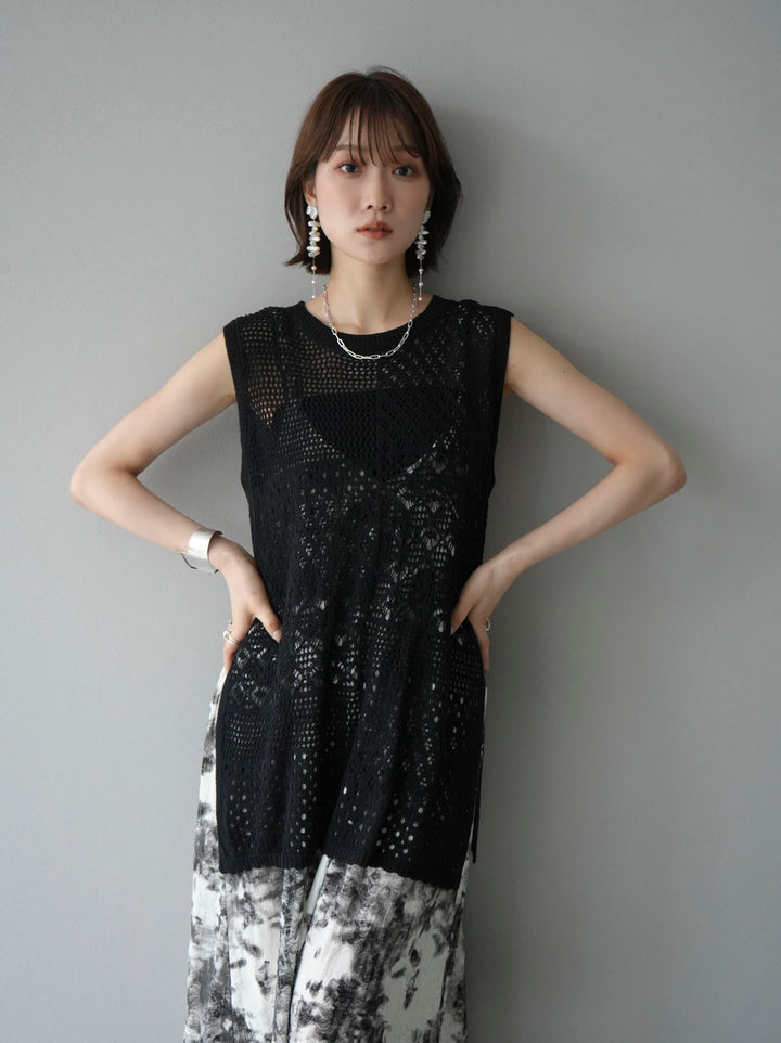 [Pre-order] Damaged Nuance Pattern Braided String Cami Dress/White