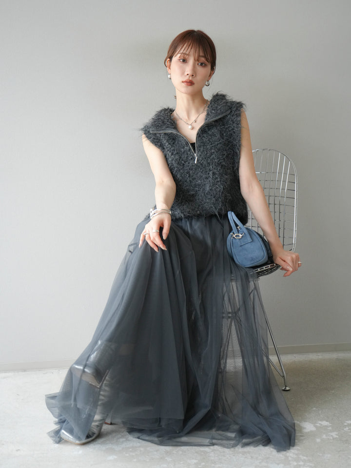 [予約]メランジブークレハーフジップニットベスト/チャコール