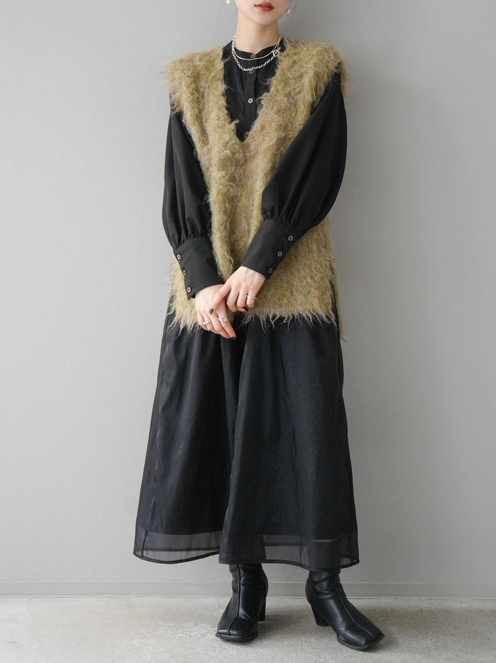 [予約]ウール混ミックスヤーンニットベスト/グリーン