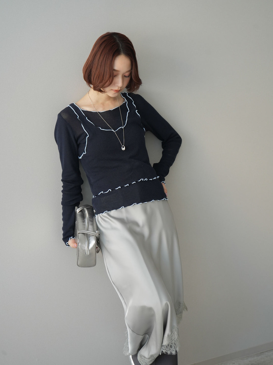 [SET]センターシームフレアパンツ+サテンライクアシメレーススカート(2set)