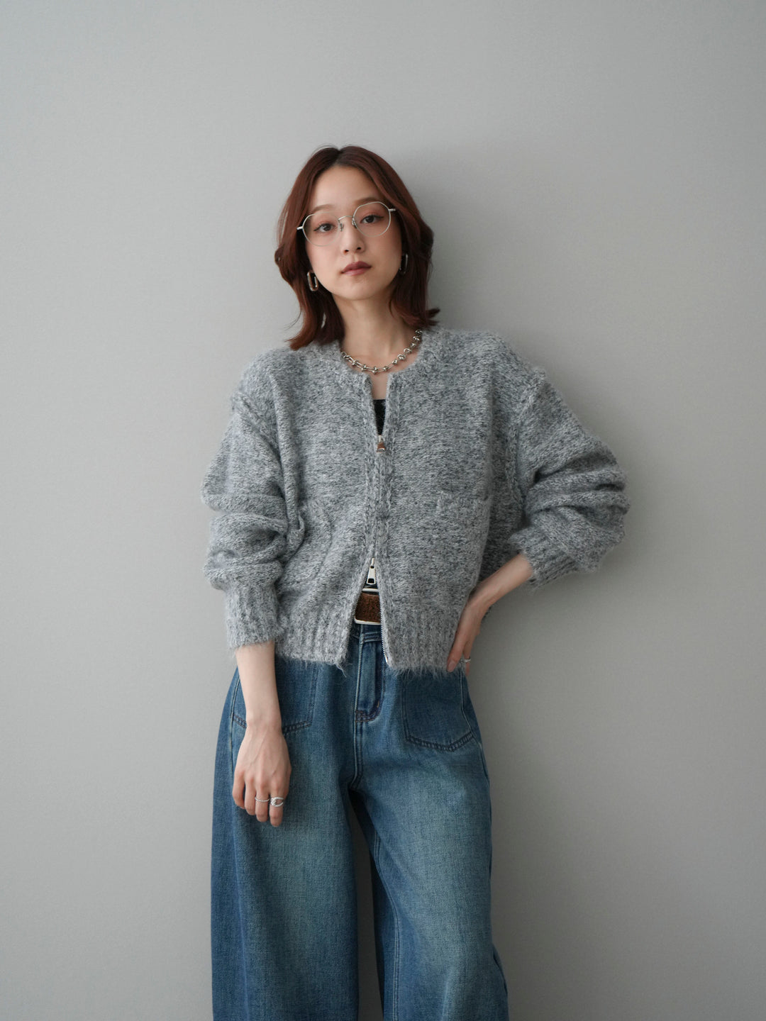 [SET]ミックスヤーンダブルZIPニットカーディガン+ベルト付裏起毛カーブデニムパンツ(2set)