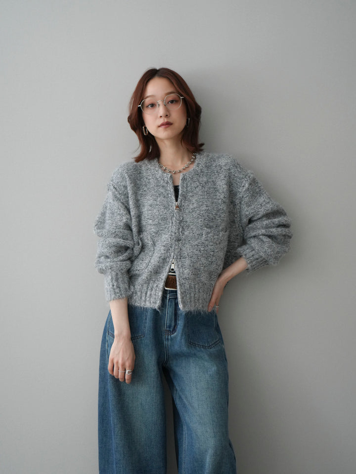 [SET]ミックスヤーンダブルZIPニットカーディガン+ベルト付裏起毛カーブデニムパンツ(2set)