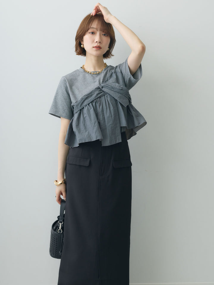 [SET]ナイロンドッキングツイストTEE +クレープデシンフラップ付きストレートスカート(2set)