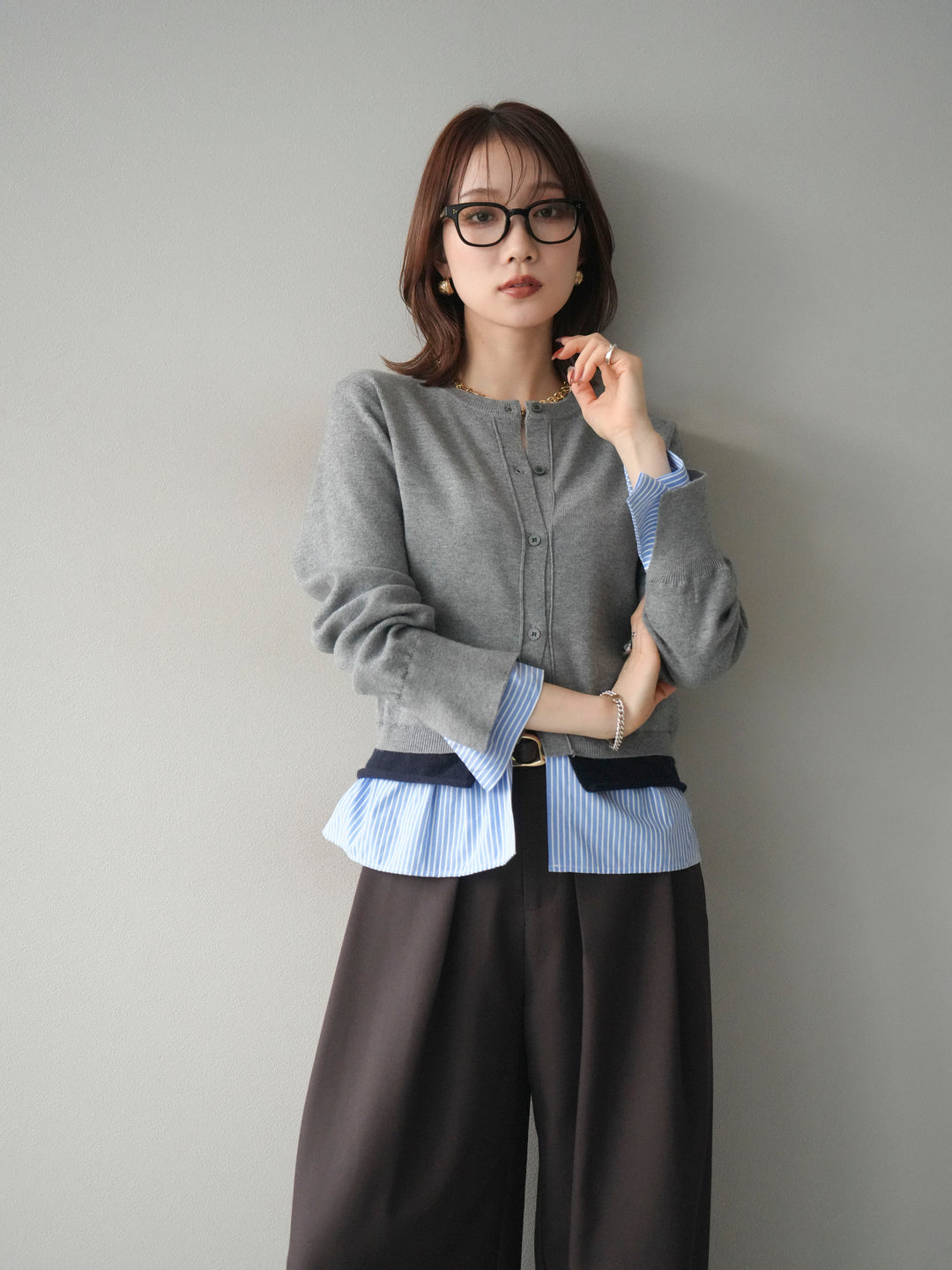 [予約]シャツ襟レイヤードニットカーディガン/gray