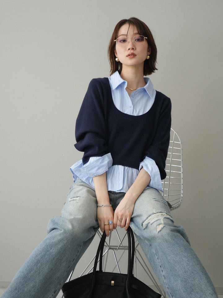 [SET]ストライプシャツUネックドッキングニットプルオーバー+ダメージデニムセミワイドパンツ(2set)