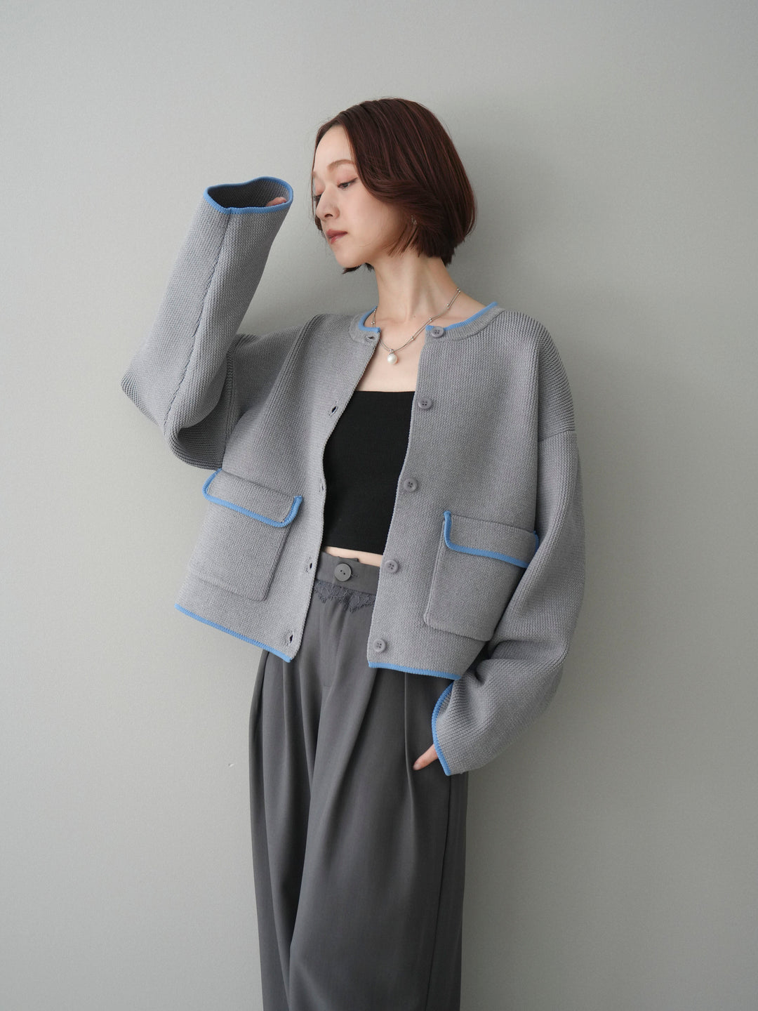 [SET]ポリエステル配色ニットカーディガン+ウエストレースタックワイドパンツ(2set)