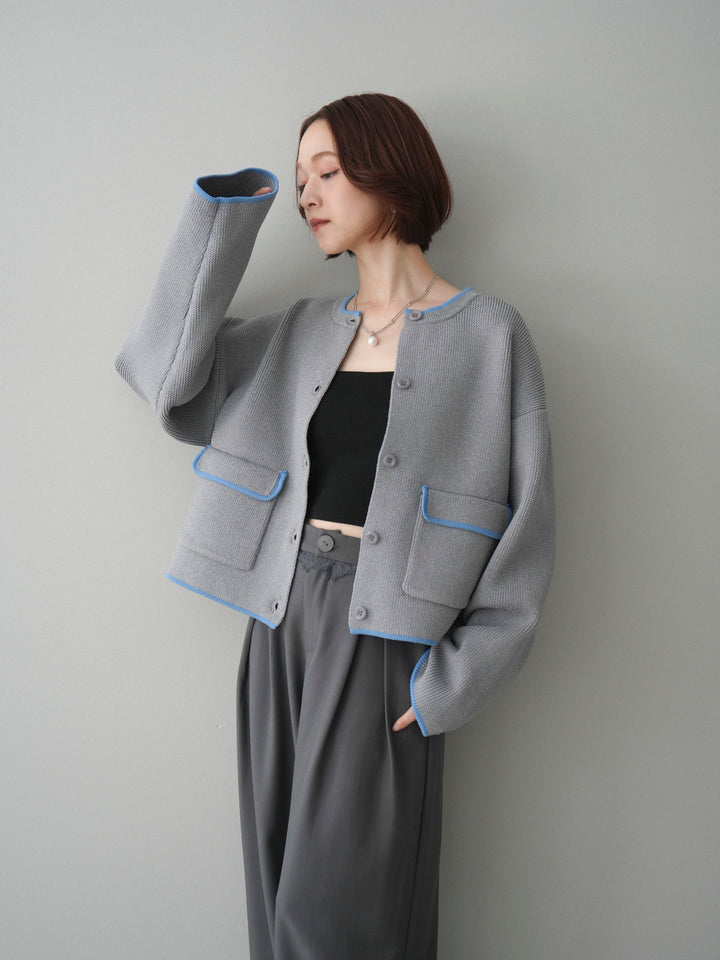 [SET]ポリエステル配色ニットカーディガン+ウエストレースタックワイドパンツ(2set)