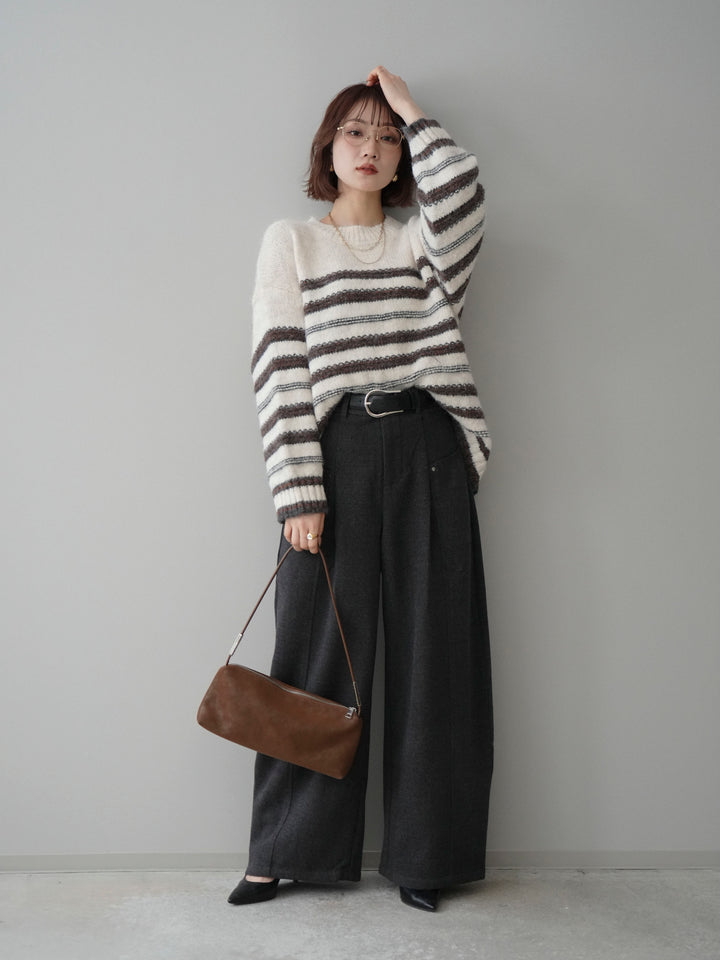 [SET]ステッチボーダーニットプルオーバー+ベルト付起毛コクーンパンツ(2set)