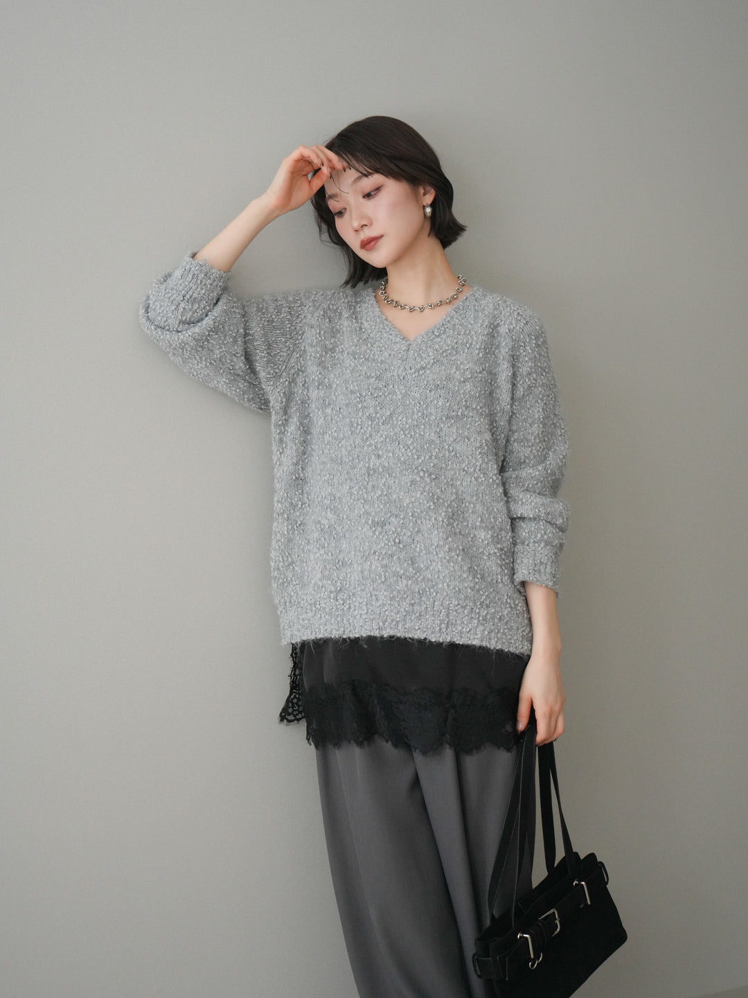 [SET]Vネックスラブニットプルオーバー+選べるアクセセット(2set)