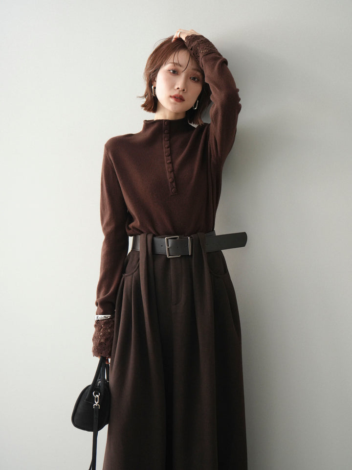 [予約]袖スカラップレースフロントボタンウールニットトップス/brown