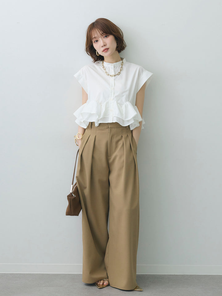 [SET]ブロードフレンチフリルヘムブラウス+クレープデシンタックワイドパンツ(2set)