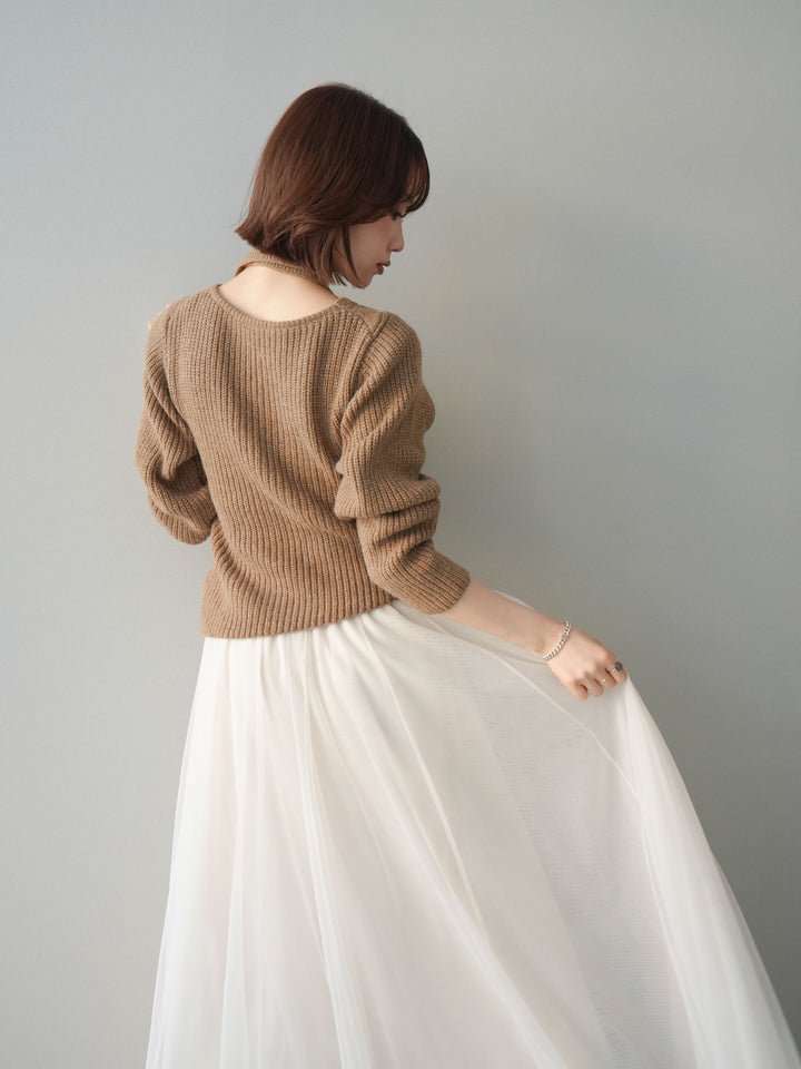 [SET]ケーブル編みクロスニットトップス+チュールボリュームスカート(2set)