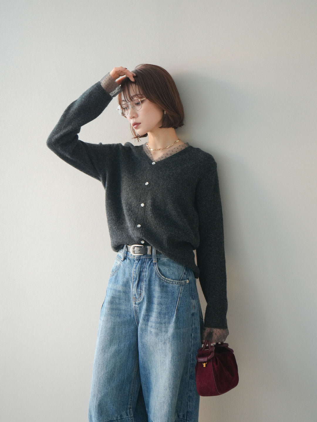 [SET]ドットチュールレイヤードボタンニットトップス+選べるアクセセット(2set)