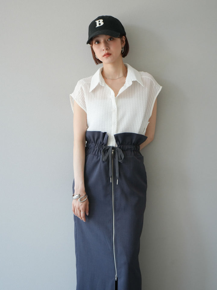 [SET]シアーチェックノースリーブシャツ+ヘザーエステルギャザージップスカート(2set)