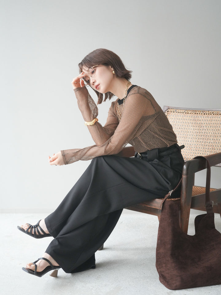 [SET]シアーストライプメッシュトップス+ドレープタックベルトループパンツ(2set)