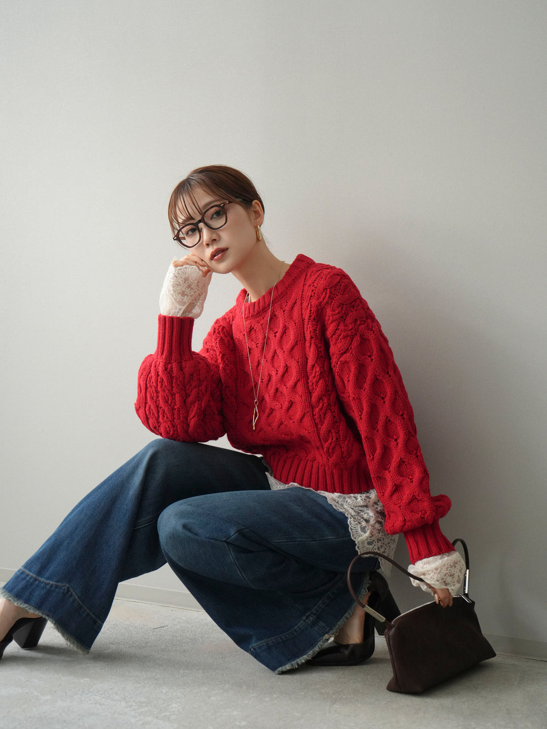 【着回しセット】[SET]バルキーケーブルクロップドニットプルオーバー+アンゴラタッチクルーネックニットプルオーバー+チュールレーストップス(3set)