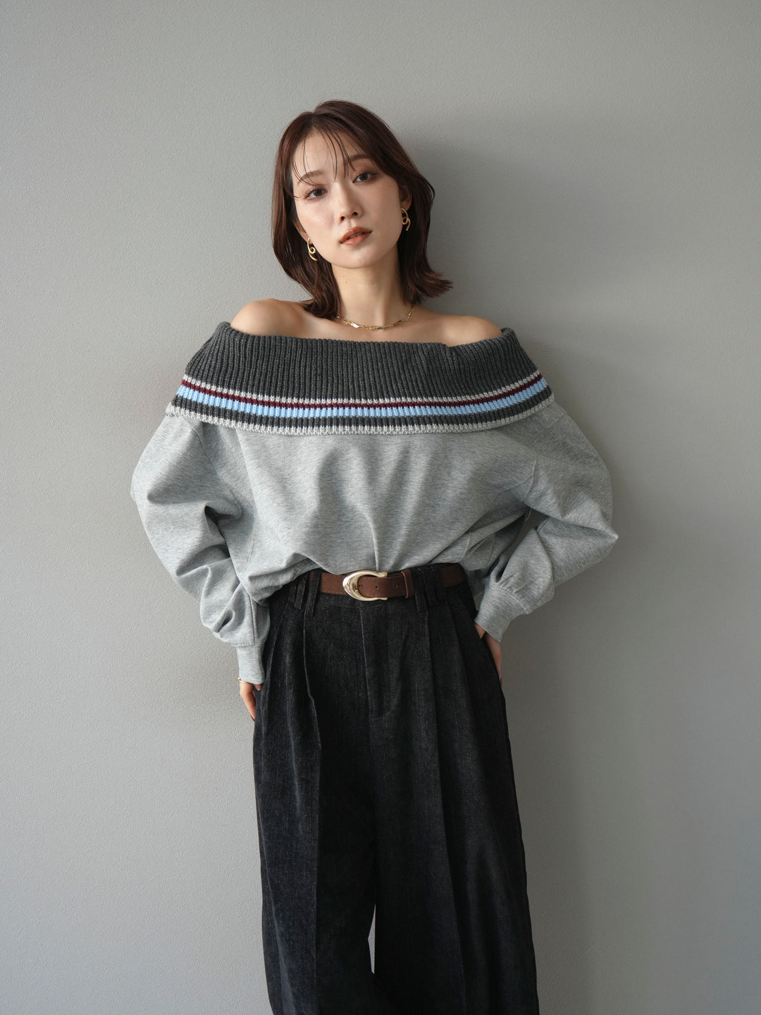 [予約]ボーダーニットオフショルダーxスウェットプルオーバー/gray