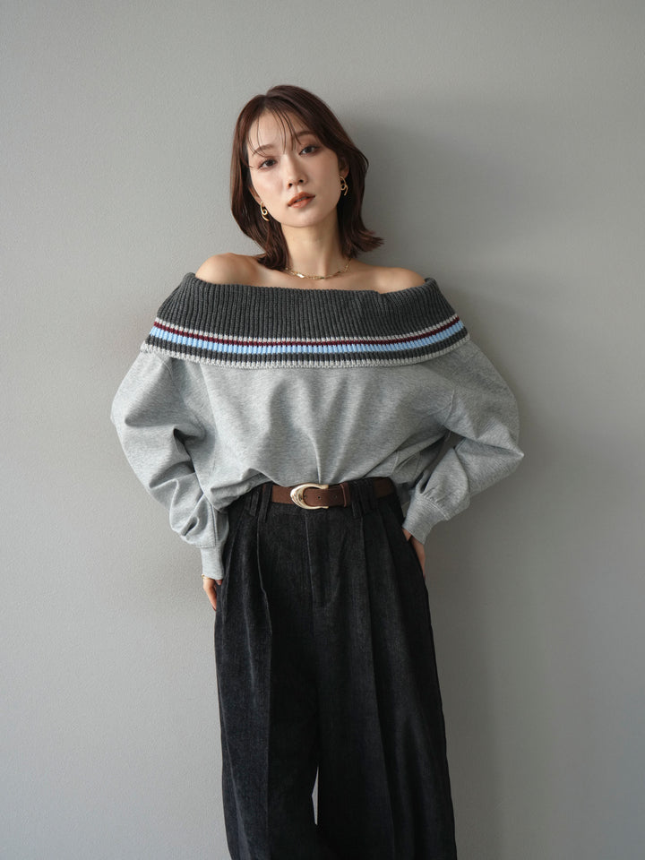 [予約]ボーダーニットオフショルダーxスウェットプルオーバー/gray
